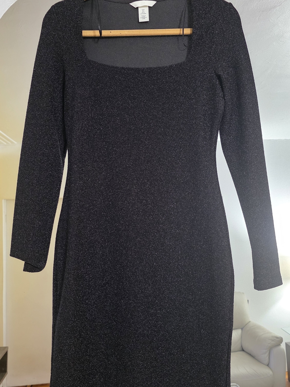 H&M Black Sparkle Long-Sleeve Square Neck Dress